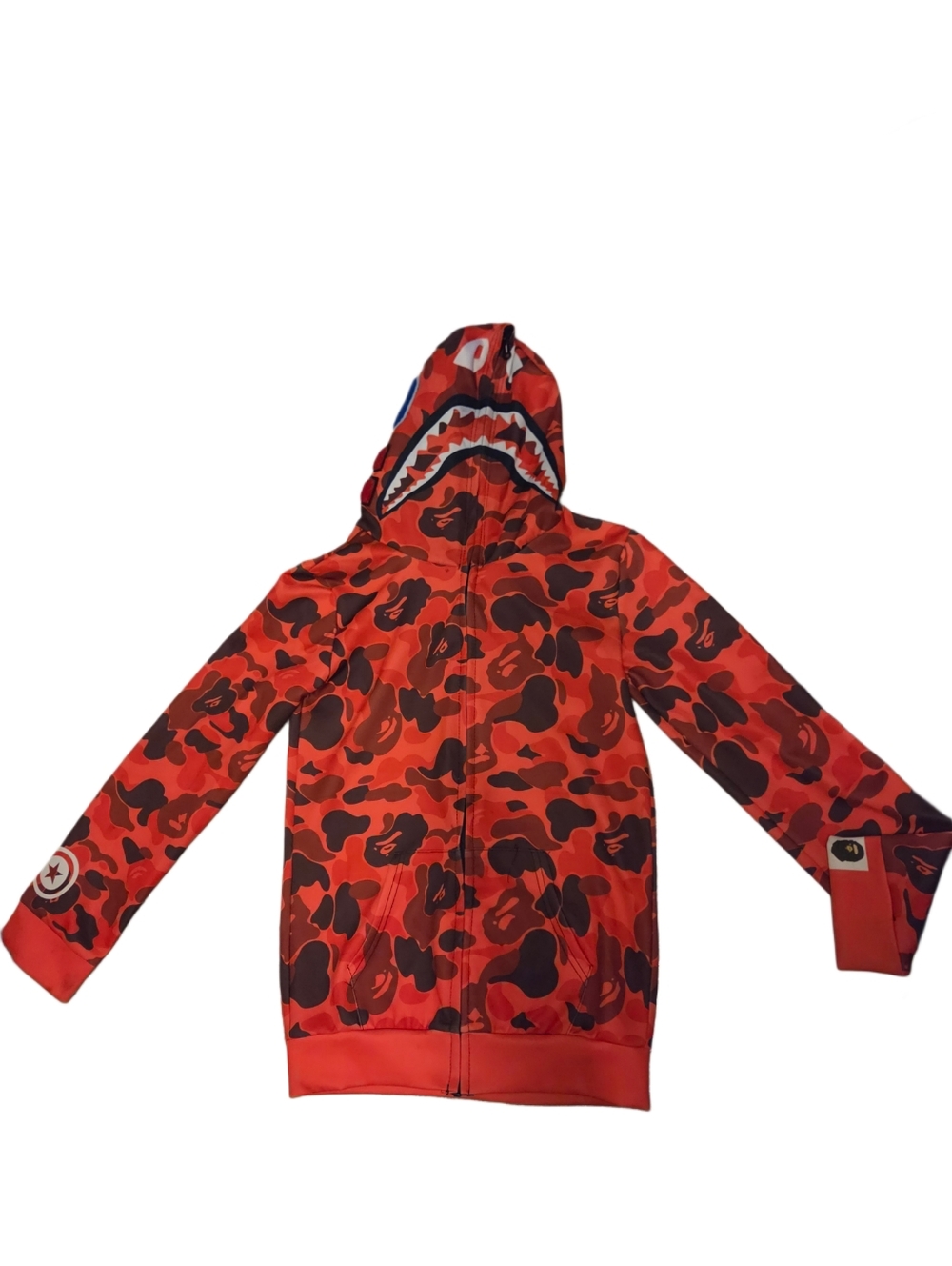 Kids Red Camo Shark-Print Zip Hoodie (fake BAPE)